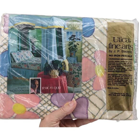 NIP Vintage UTICA FINE ARTS Stevens Percale Twin Flat Sheet ~ "Jessica's Quilt" - Picture 1 of 5